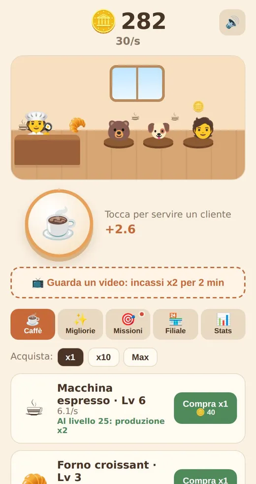 Il caffè con i clienti ai tavoli e il pulsante per servirli