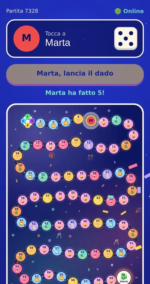Gioco dell'oca multigiocatore: tabellone di 70 caselle e dado