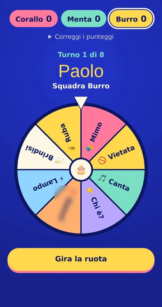 Gioco a squadre: la ruota delle sfide con mimo, canzoni e brindisi