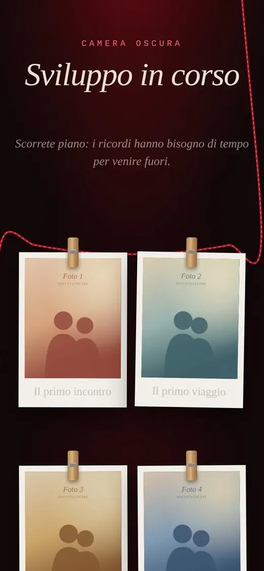 Sezione camera oscura su smartphone con foto appese al filo con le mollette