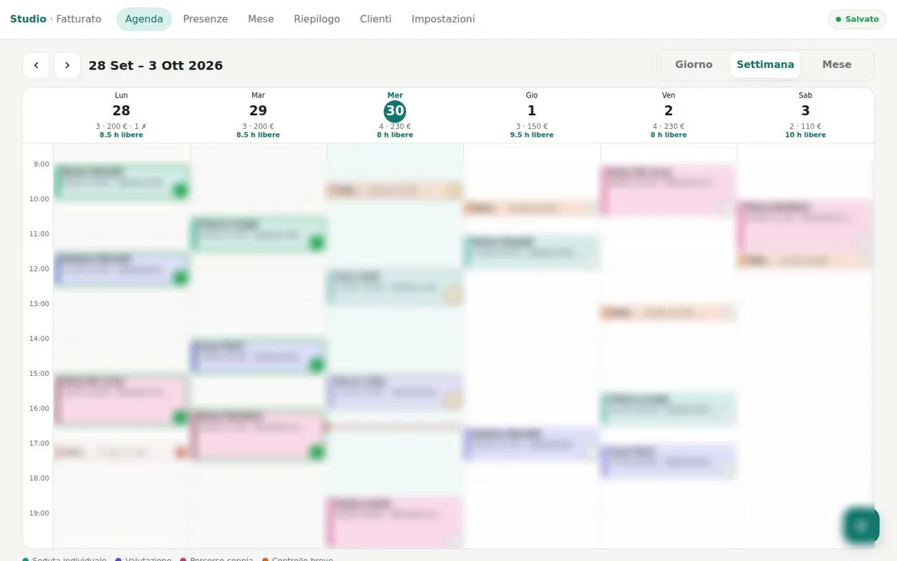 Agenda settimanale del gestionale con appuntamenti colorati per tipo di prestazione