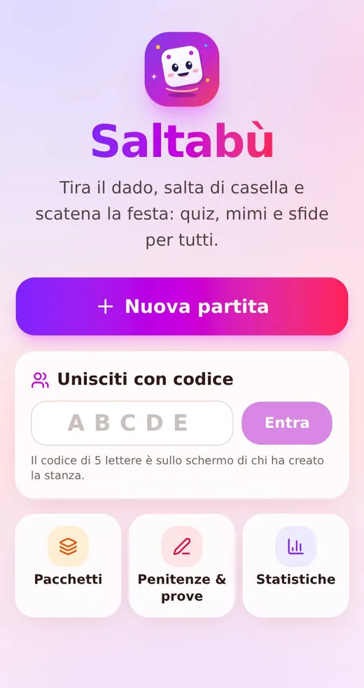 Schermata iniziale di Saltabù con nuova partita e accesso con codice
